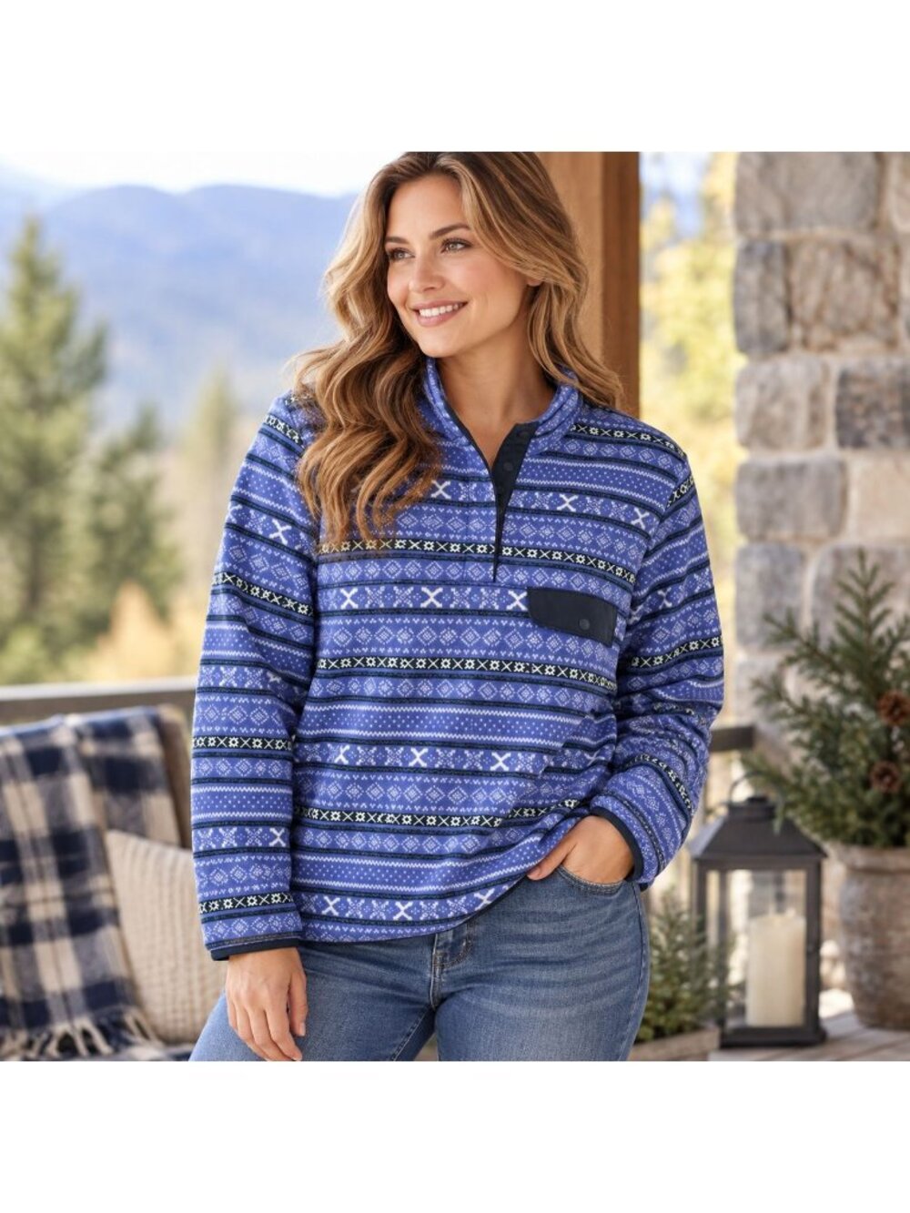 JACHS Cabin Fair Isle Pullover Womens S Purple Fleece Quarter Snap Outdoor VTG